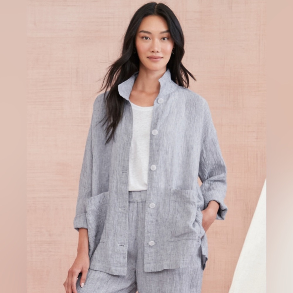 Eileen Fisher Lagenlook Organic Linen Textured Shirt Jacket Grey Sz L